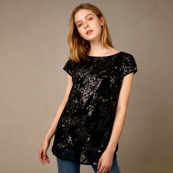 NWOT Mint Velvet Black Sequins Bow Tie Top Short-Sleeved Blouse Shirt US6 UK10 - Picture 1 of 13